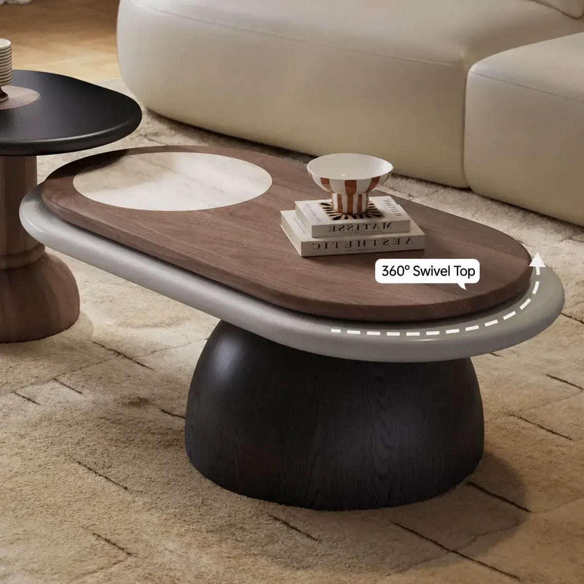 Italian Minimalist Nesting Coffee Table Set with Rotating Top and Stone Inlay