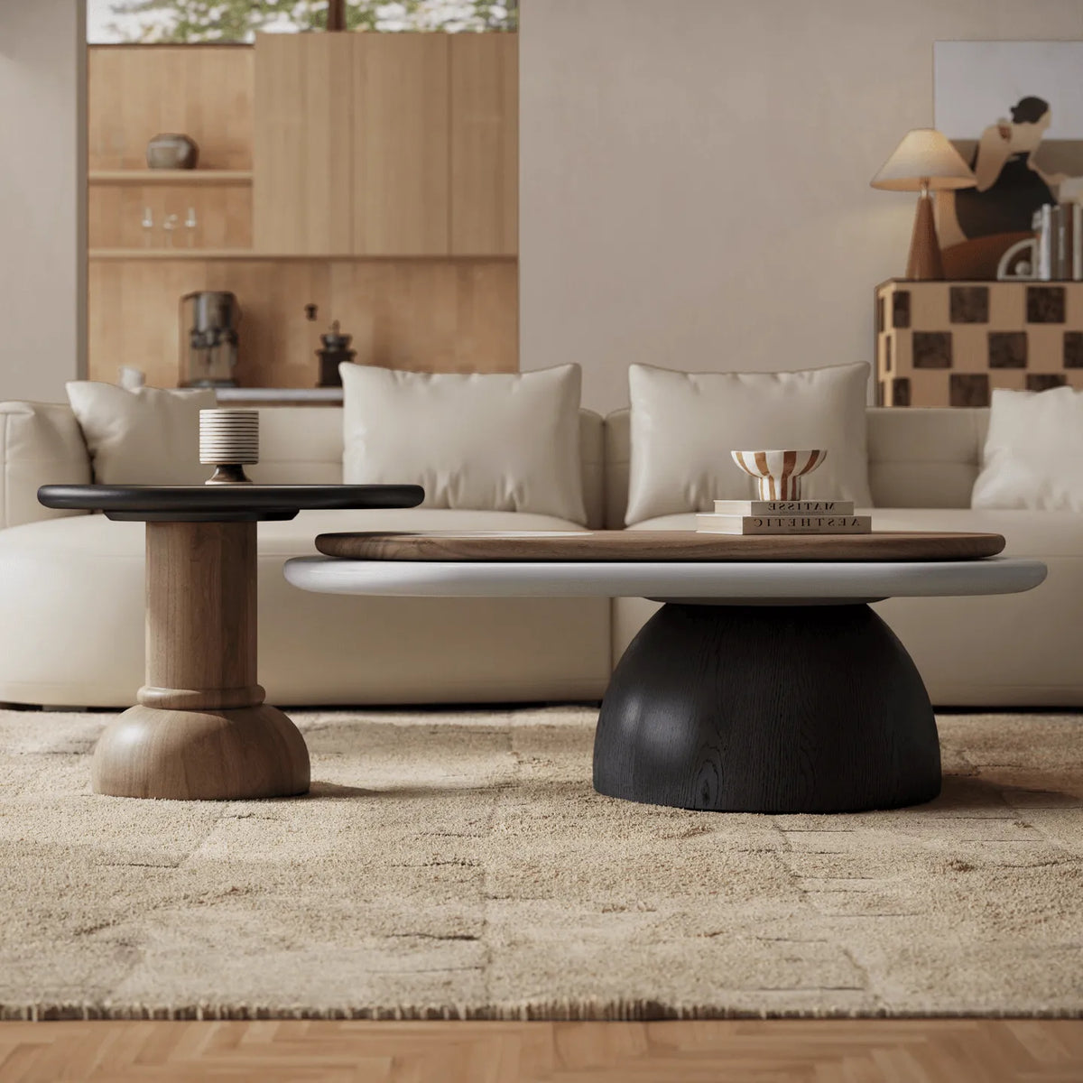 Italian Minimalist Nesting Coffee Table Set with Rotating Top and Stone Inlay