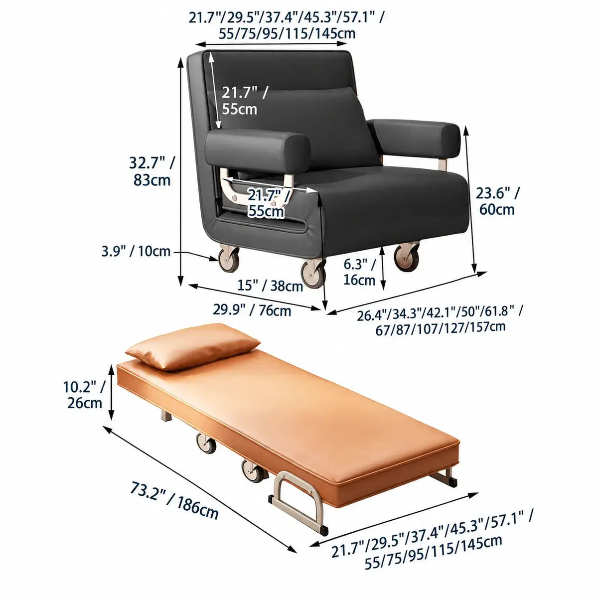 Italian Minimalist Rollaway Bed Sleeper Chair With 6-Position Recline Dimensions