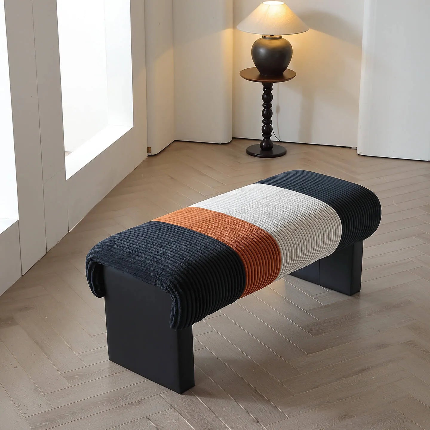 Italian Modern Bench with Pleated Color-Block Seat and Solid Wood Base
