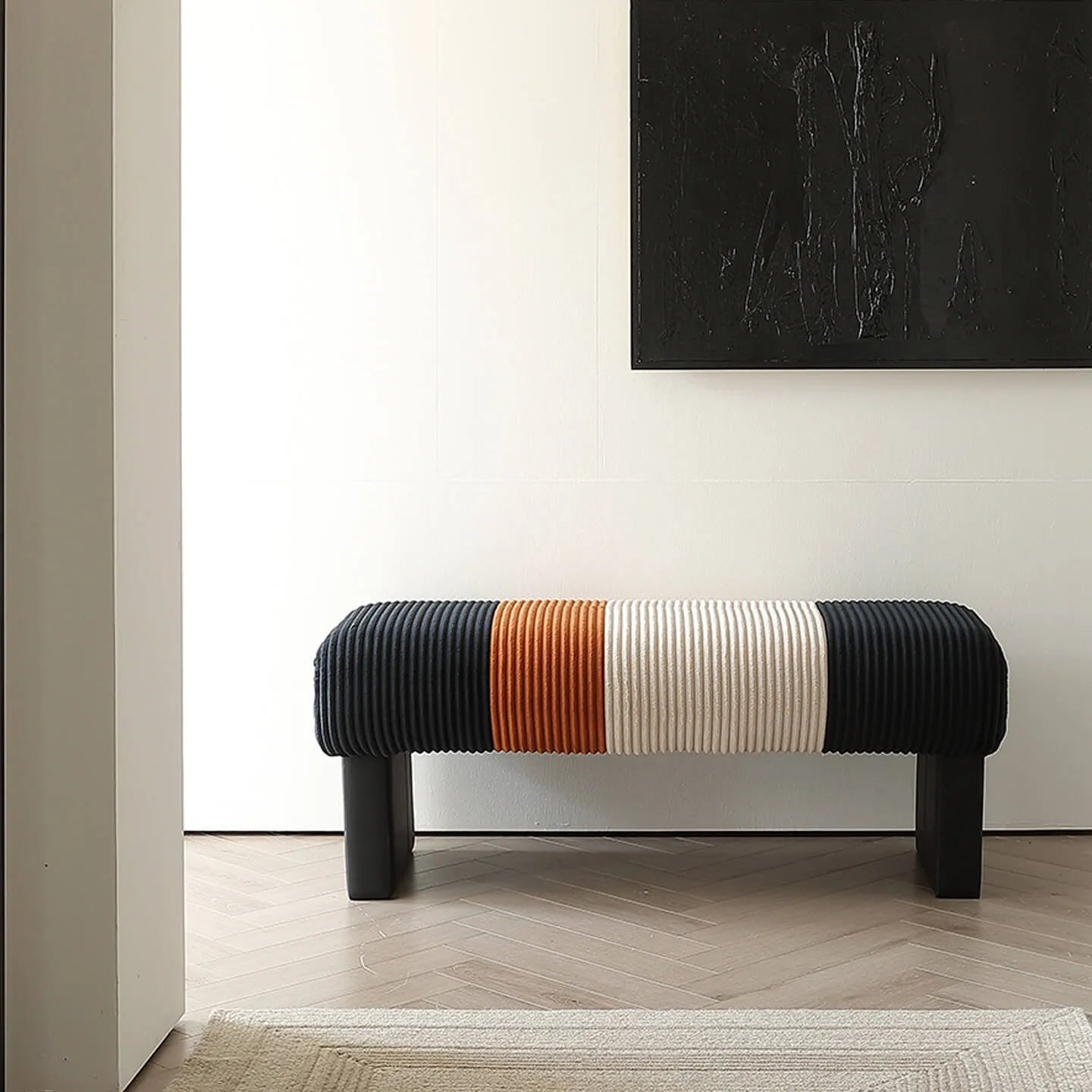 Italian Modern Bench with Pleated Color-Block Seat and Solid Wood Base
