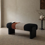 Italian Modern Bench with Pleated Color-Block Seat and Solid Wood Base