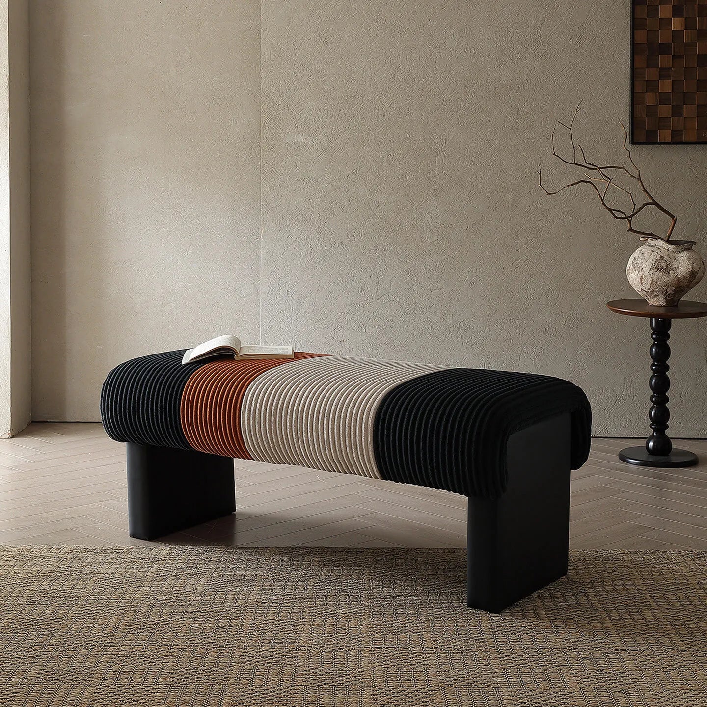 Italian Modern Bench with Pleated Color-Block Seat and Solid Wood Base