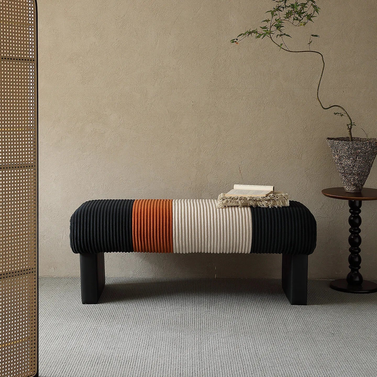 Italian Modern Bench with Pleated Color-Block Seat and Solid Wood Base