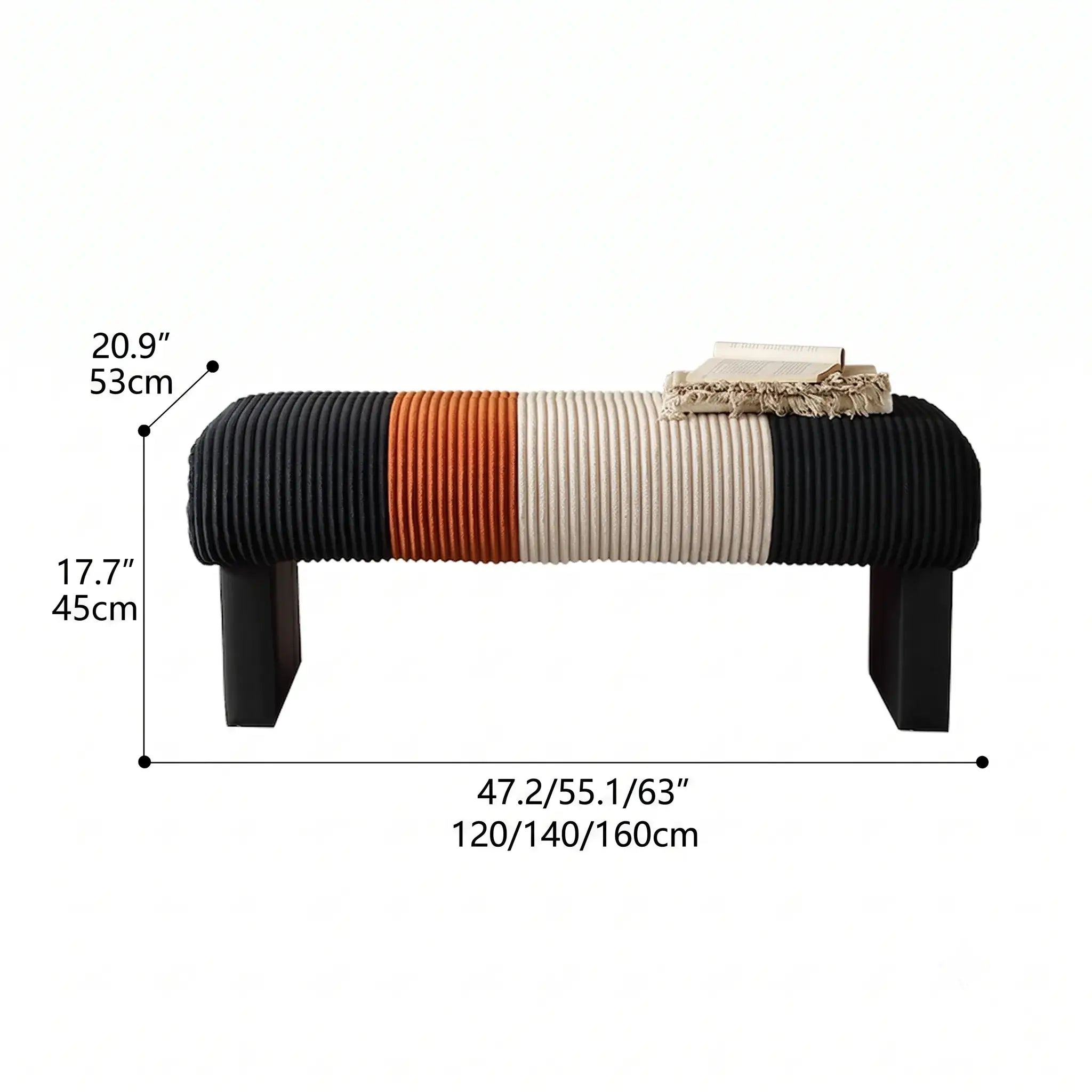 Italian Modern Bench with Pleated Color-Block Seat and Solid Wood Base Dimensions