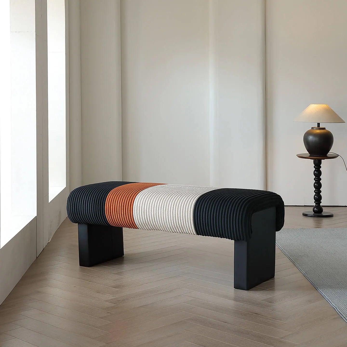 Italian Modern Bench with Pleated Color-Block Seat and Solid Wood Base Main Product Image Image principale du produit