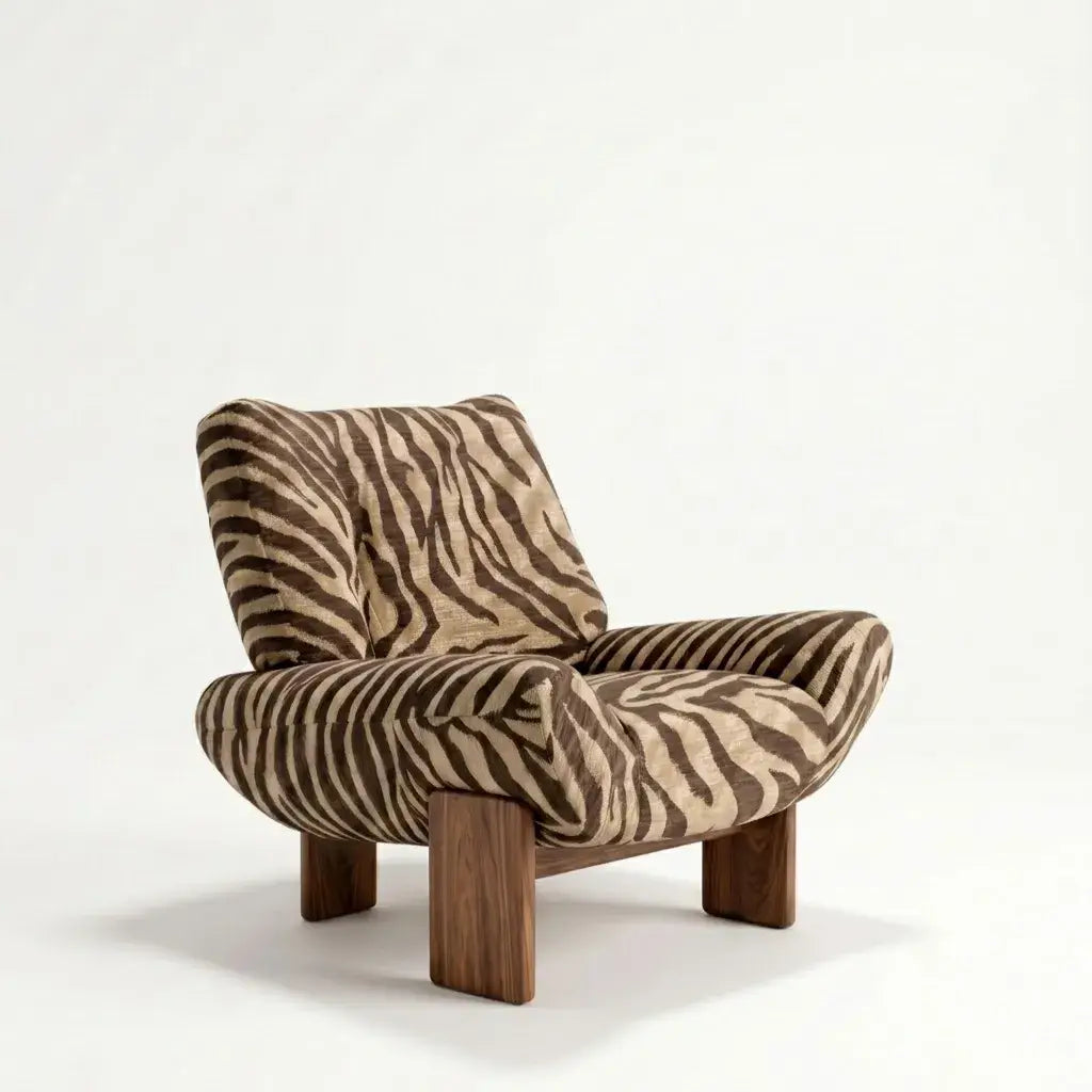 Italian Retro Tiger Print Chair with Ash Wood Legs, Sculptural Reading Lounge Seat Main Product Image Main image