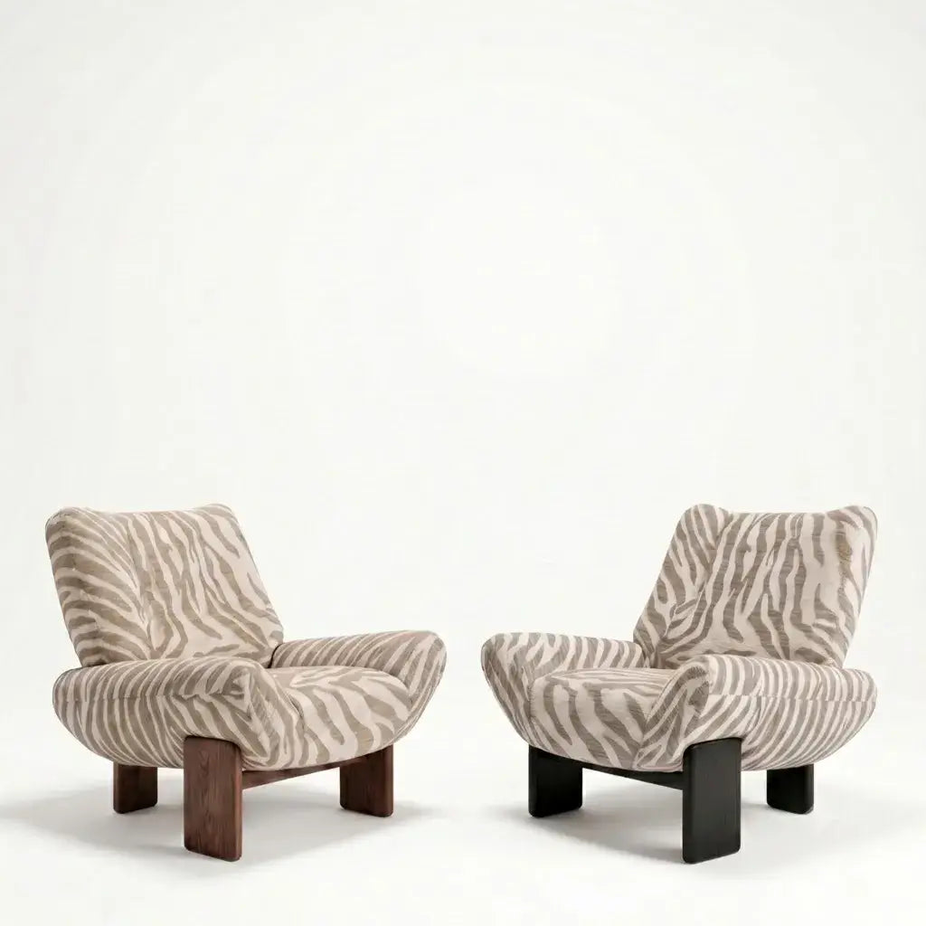 Italian Retro Tiger Print Chair with Ash Wood Legs, Sculptural Reading Lounge Seat