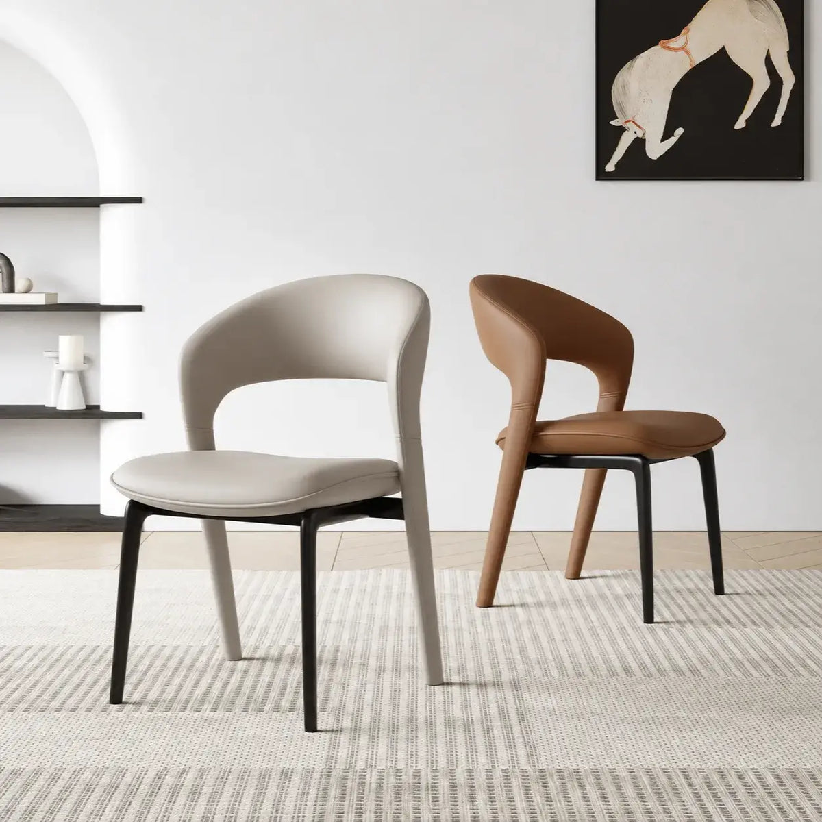 Italian Sculptural Dining Chair Series with Wraparound Arms and Leather Upholstery