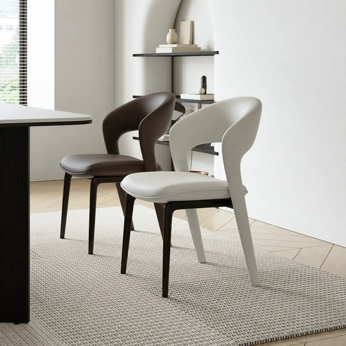 Italian Sculptural Dining Chair Series with Wraparound Arms and Leather Upholstery