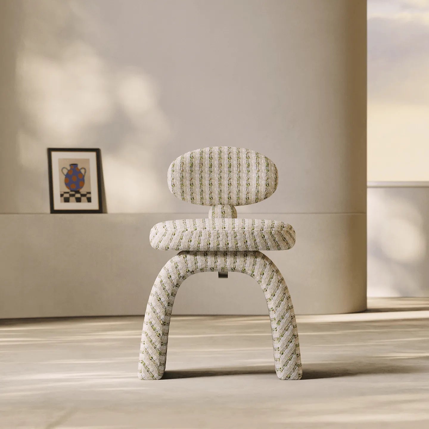 Jacquard Chenille Vanity Stool With Sculptural Arch Base and Ergonomic Back