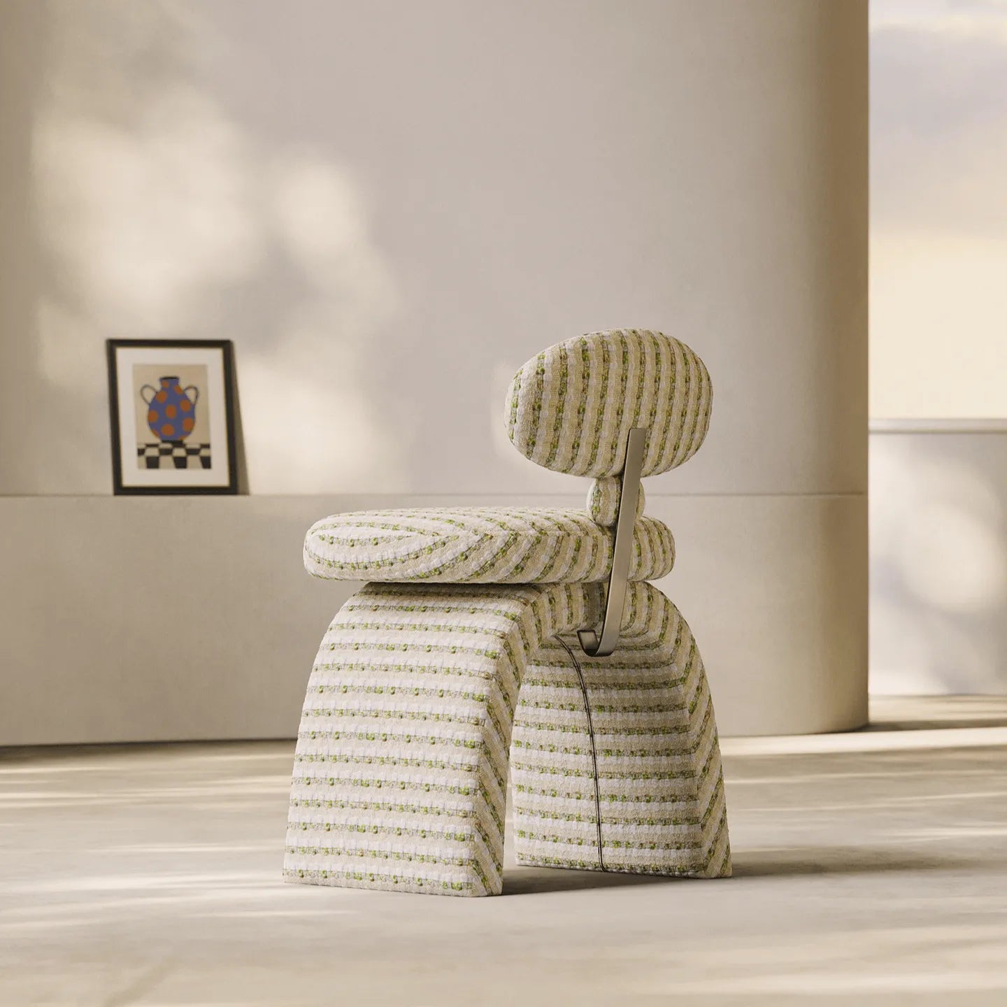 Jacquard Chenille Vanity Stool With Sculptural Arch Base and Ergonomic Back