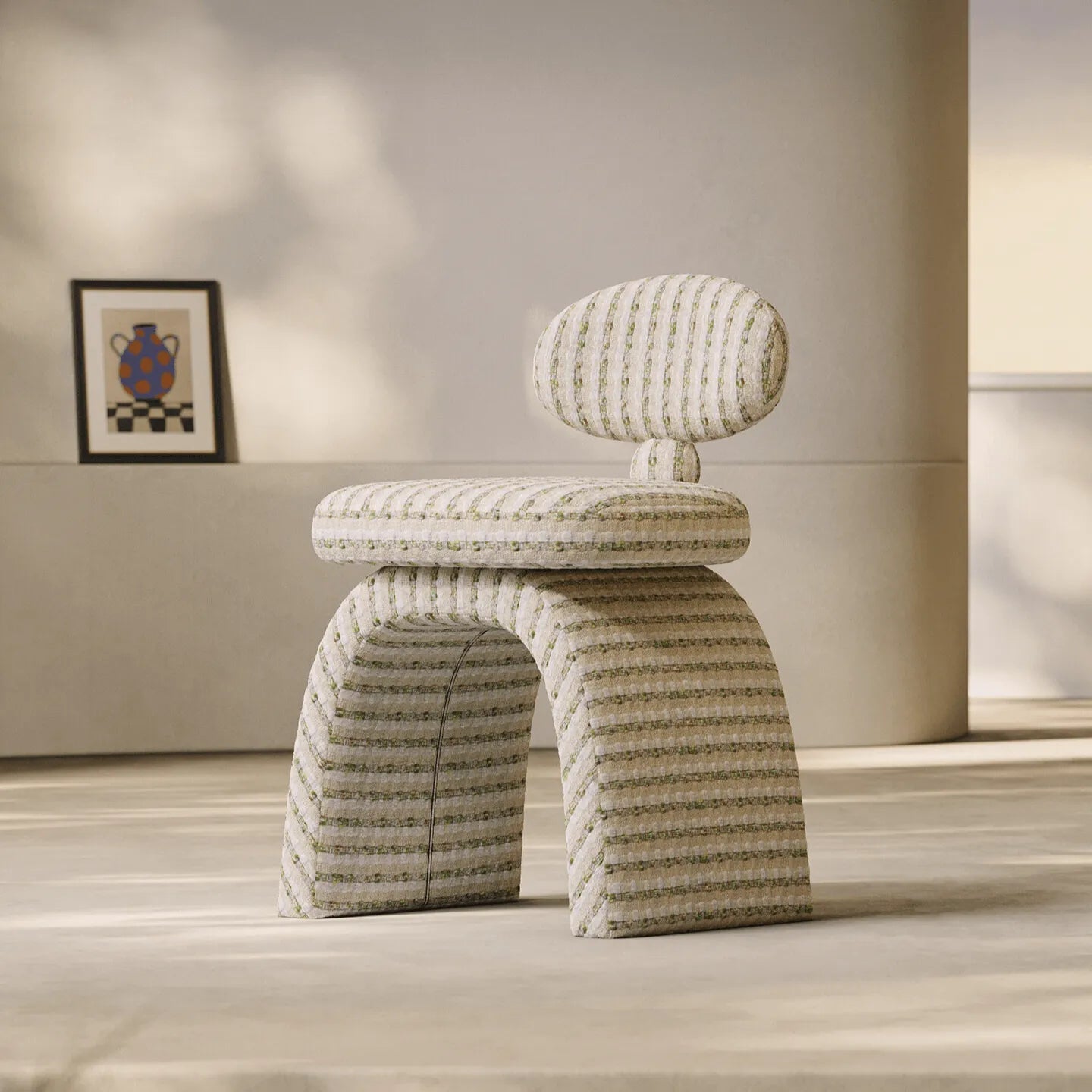 Jacquard Chenille Vanity Stool With Sculptural Arch Base and Ergonomic Back Main Product Image Main image