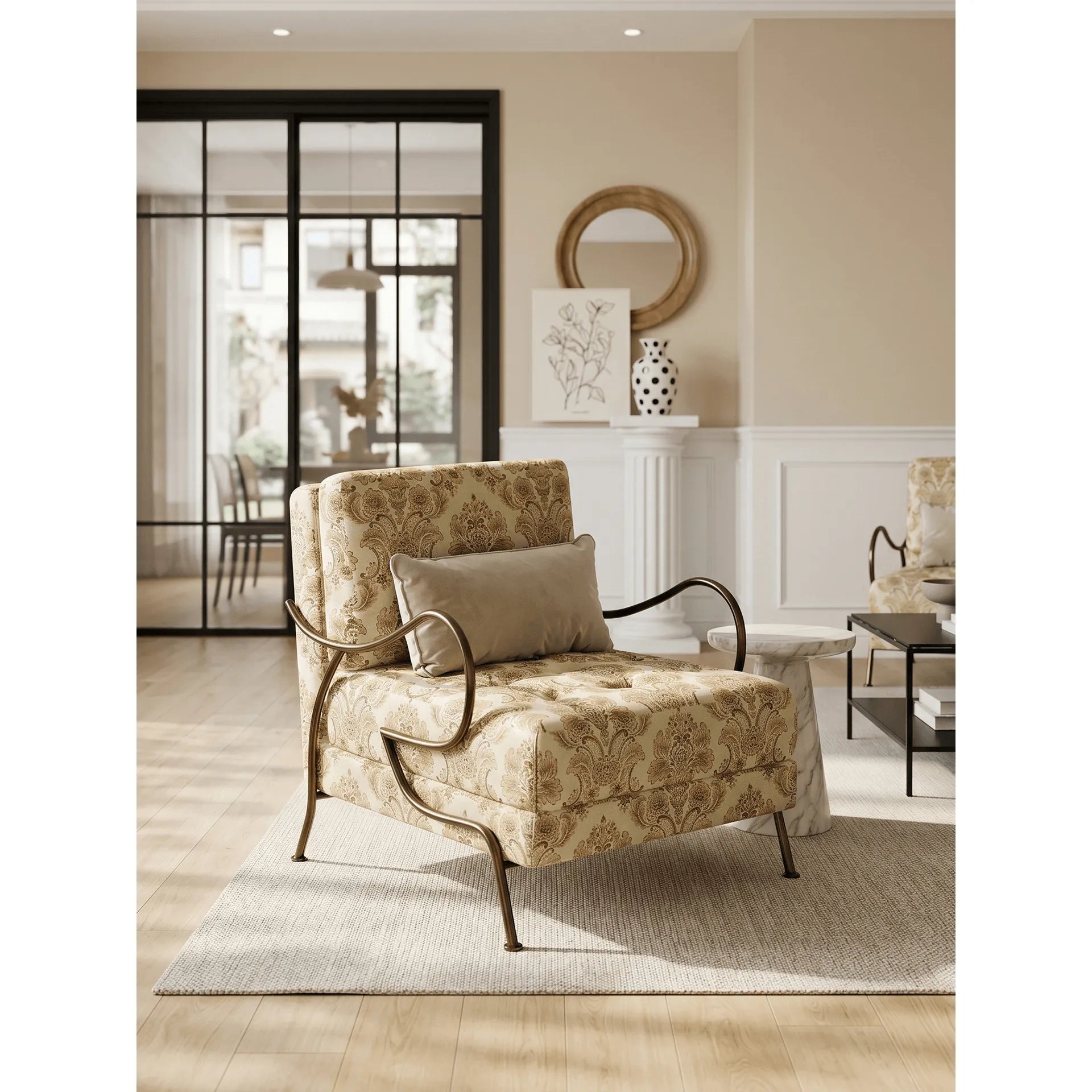 Jacquard Floral Accent Chair Series With Antique Bronze Frame