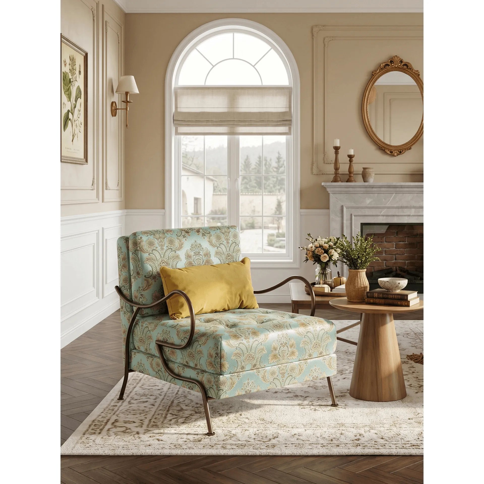 Jacquard Floral Accent Chair Series With Antique Bronze Frame