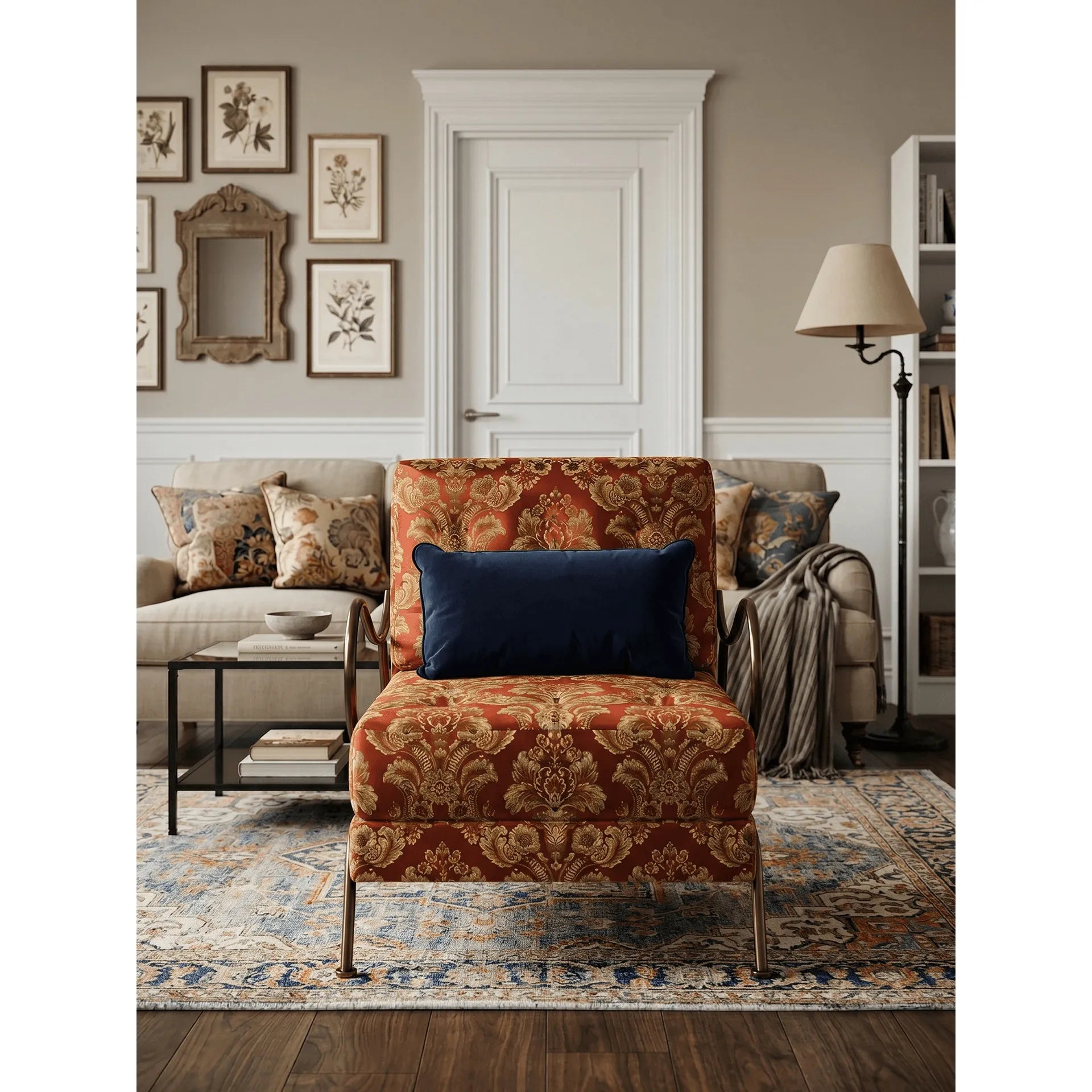 Jacquard Floral Accent Chair Series With Antique Bronze Frame