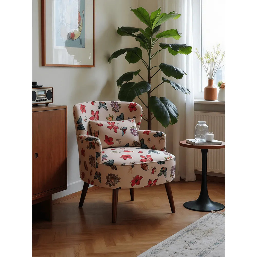 Jacquard Floral Accent Chair with Solid Wood Legs and Retro Lounge Comfort