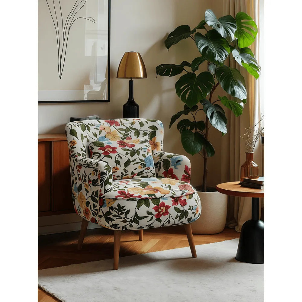 Jacquard Floral Accent Chair with Solid Wood Legs and Retro Lounge Comfort