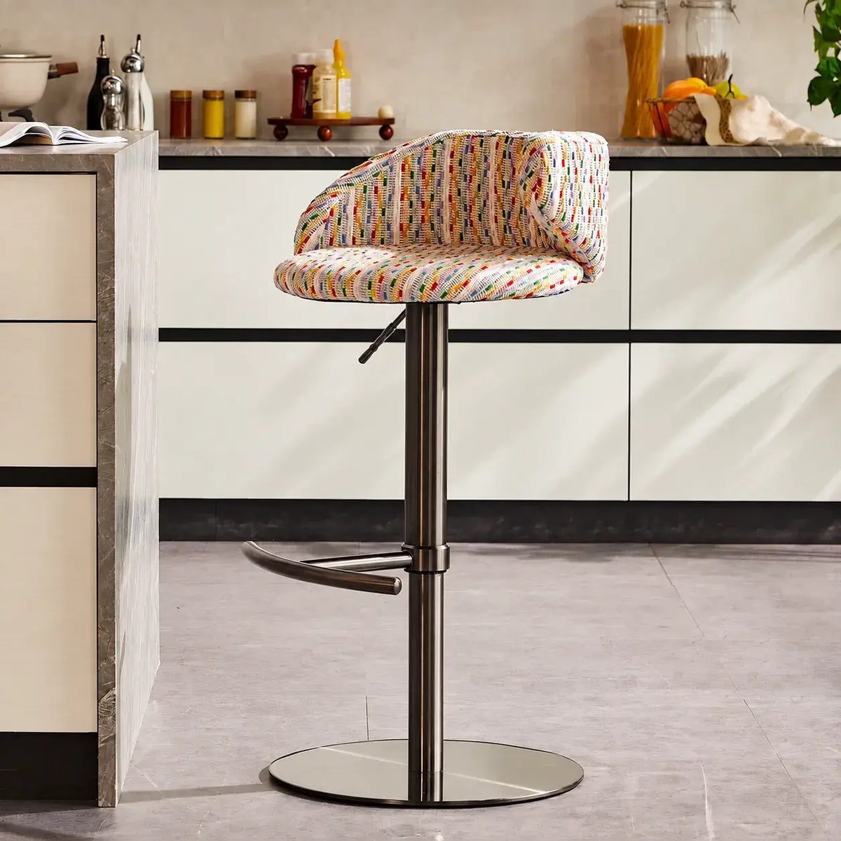 Jacquard Upholstered Adjustable Swivel Bar Stool With Wraparound Back