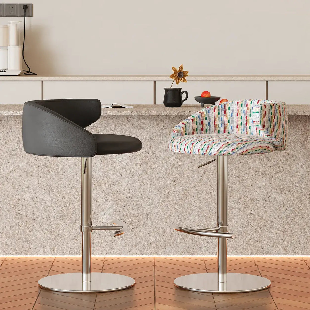 Jacquard Upholstered Adjustable Swivel Bar Stool With Wraparound Back