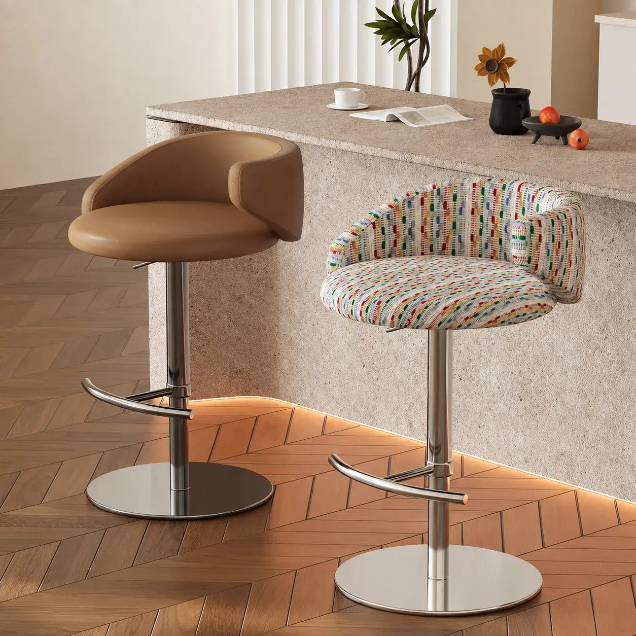 Taburete de bar giratorio ajustable tapizado en jacquard con respaldo envolvente Imagen secundaria del producto