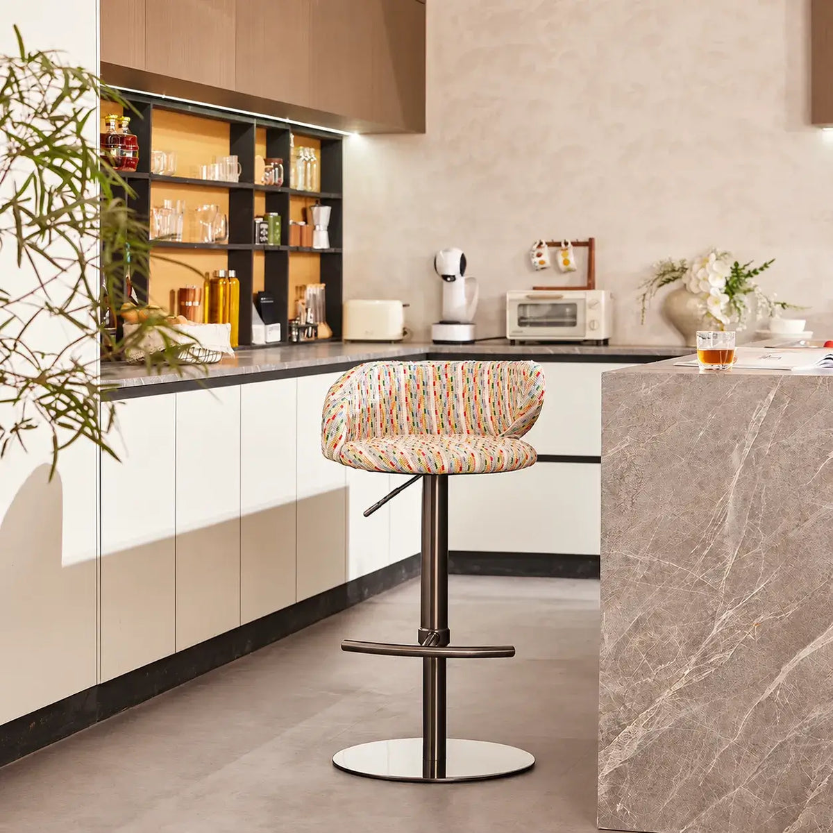 Jacquard Upholstered Adjustable Swivel Bar Stool With Wraparound Back