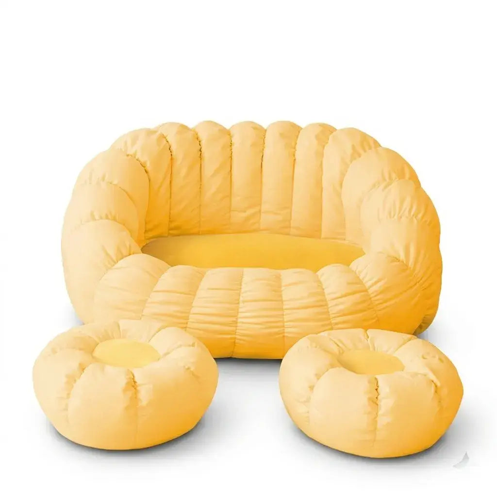 Japandi Cream 2-Person Bean Bag Sofa With Ottomans and Washable Cover