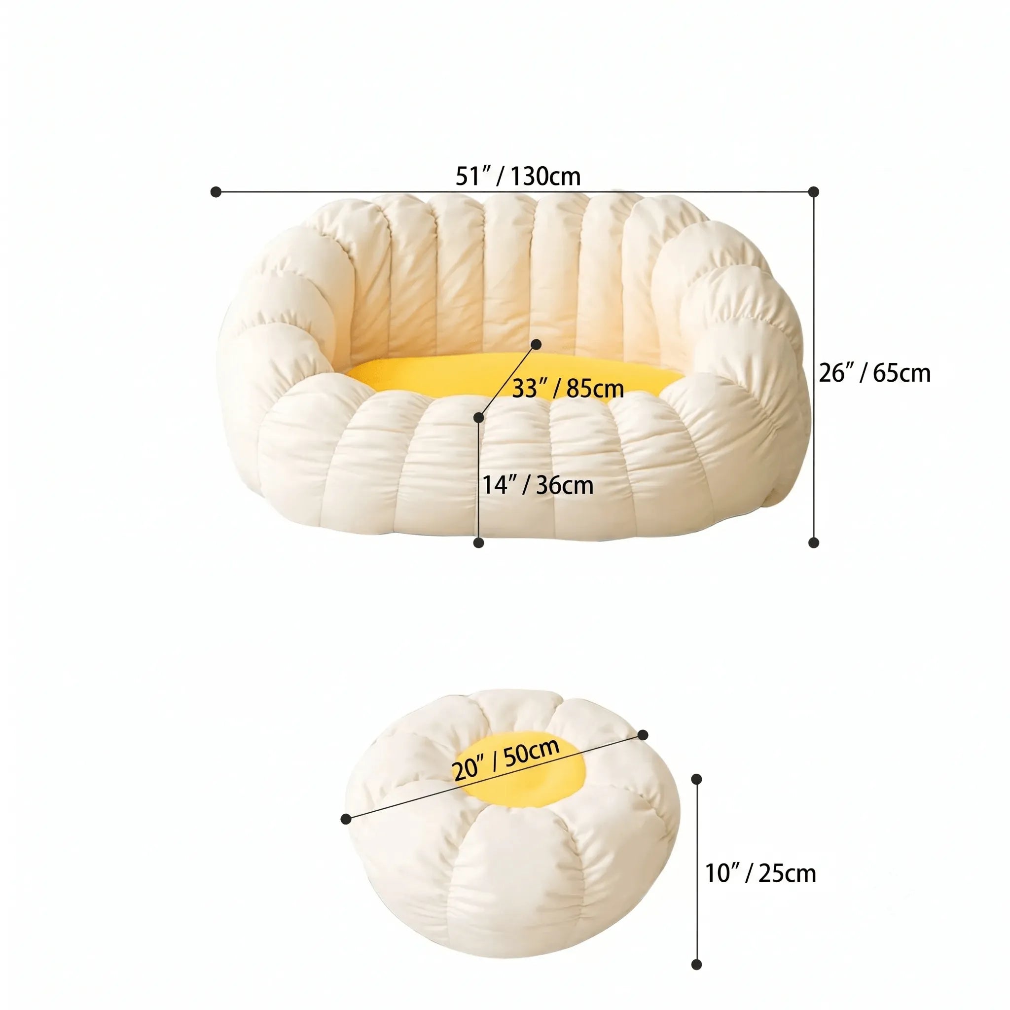 Japandi Cream 2-Person Bean Bag Sofa With Ottomans and Washable Cover Dimensions