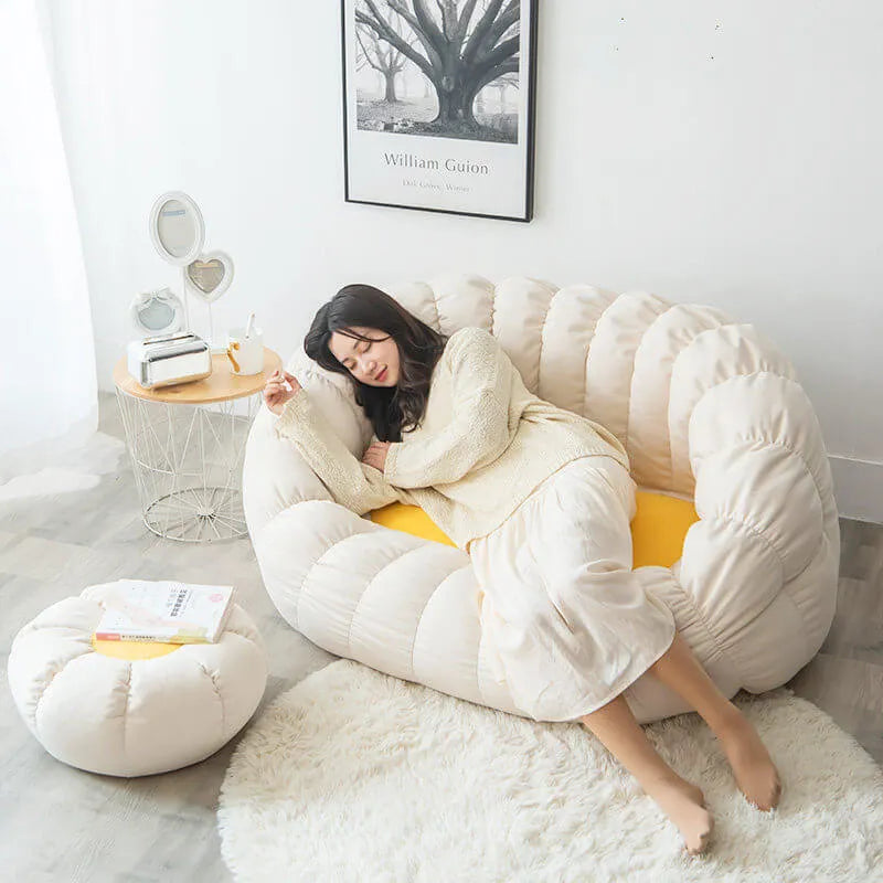 Japandi Cream 2-Person Bean Bag Sofa With Ottomans and Washable Cover Main Product Image