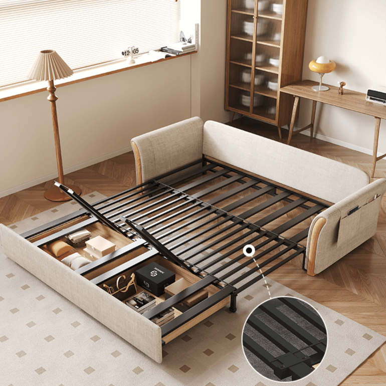 Japandi Pull-Out Sofa Bed with Solid Wood Frame in Cream White