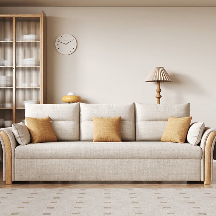 Japandi Pull-Out Sofa Bed with Solid Wood Frame in Cream White