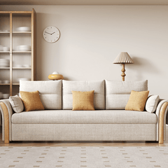 Japandi Pull-Out Sofa Bed with Solid Wood Frame in Cream White