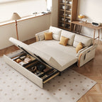 Japandi Pull-Out Sofa Bed with Solid Wood Frame in Cream White