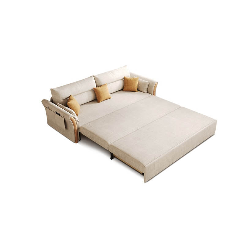 Japandi Pull-Out Sofa Bed with Solid Wood Frame in Cream White