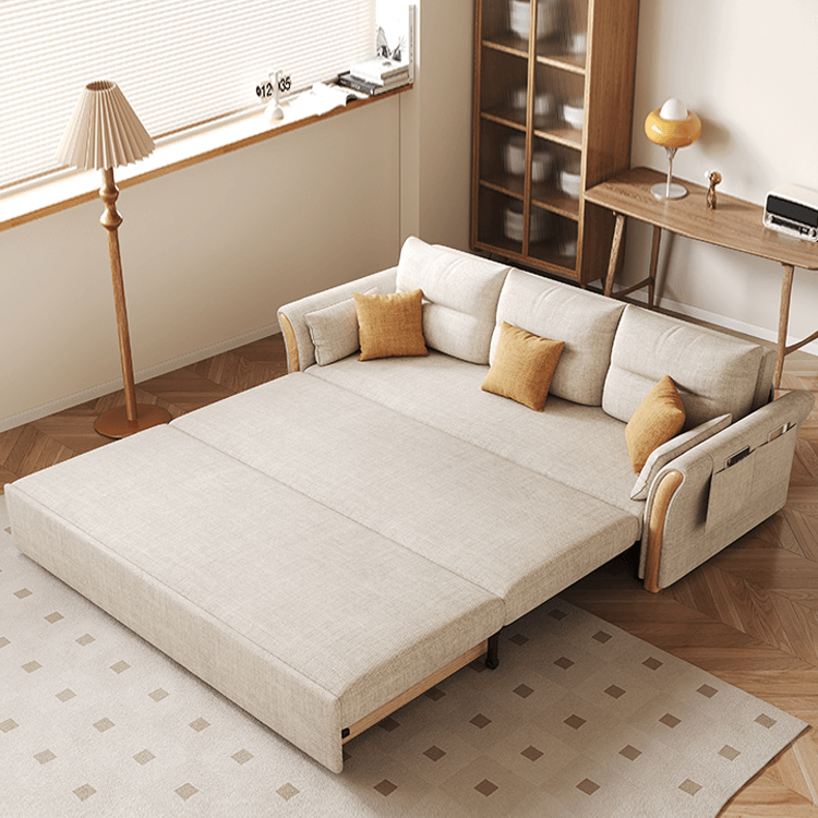 Japandi Pull-Out Sofa Bed with Solid Wood Frame in Cream White
