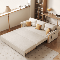 Japandi Pull-Out Sofa Bed with Solid Wood Frame in Cream White