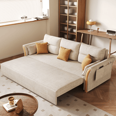 Japandi Pull-Out Sofa Bed with Solid Wood Frame in Cream White