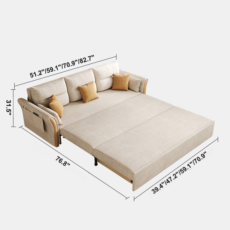 Japandi Pull-Out Sofa Bed with Solid Wood Frame in Cream White Dimensions