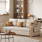 Japandi Pull-Out Sofa Bed with Solid Wood Frame in Cream White Main Product Image