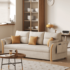 Japandi Pull-Out Sofa Bed with Solid Wood Frame in Cream White Main Product Image