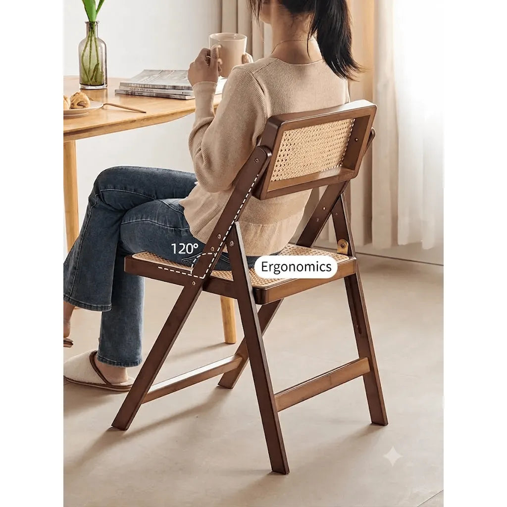 Japandi Rattan Folding Chair in Bamboo Wood, Space-Saving Dining and Reading Seat