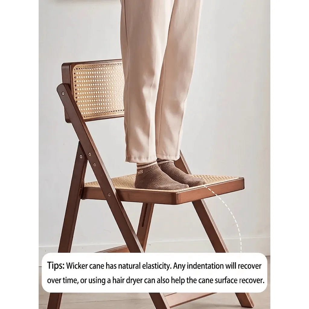 Japandi Rattan Folding Chair in Bamboo Wood, Space-Saving Dining and Reading Seat