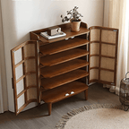 Japandi Rattan Shoe Cabinet With 2 Doors & 5 Shelves