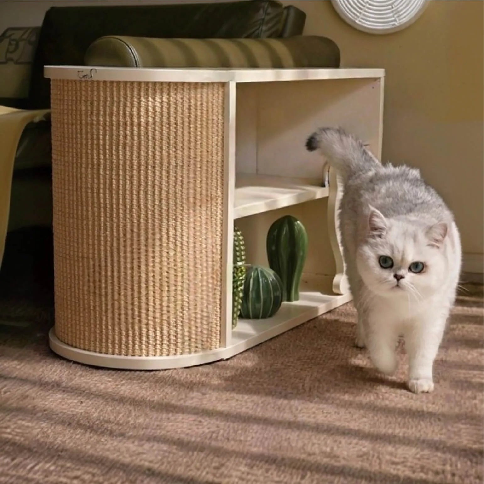 Japandi Sisal Cat Scratcher Side Table With Tiered Storage