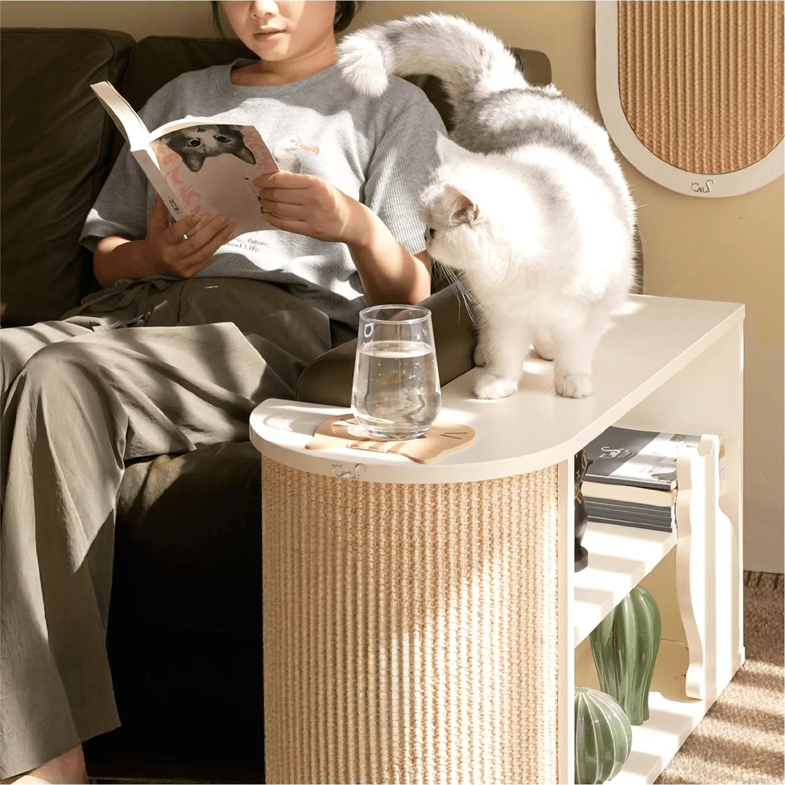 Japandi Sisal Cat Scratcher Side Table With Tiered Storage