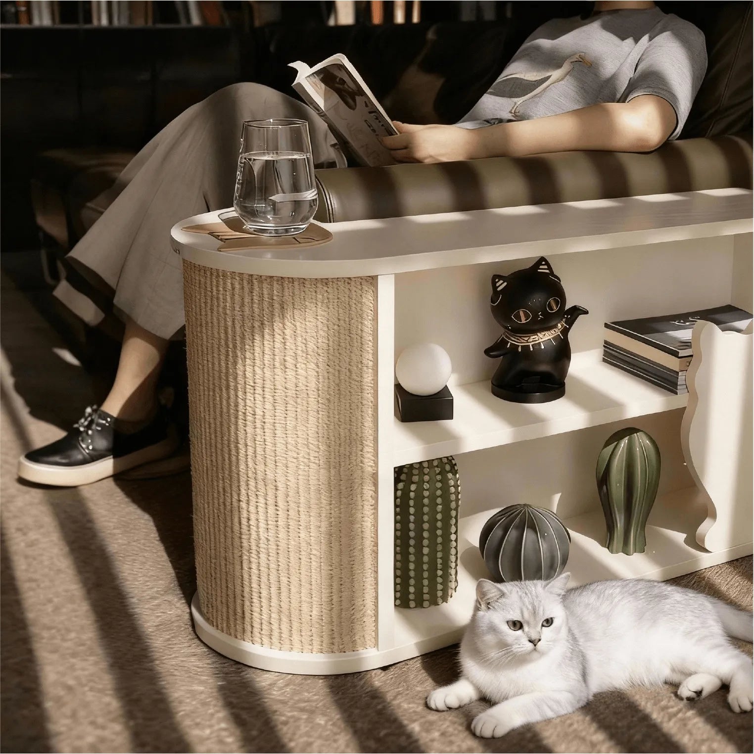 Japandi Sisal Cat Scratcher Side Table With Tiered Storage Main Product Image