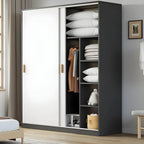 Japandi Sliding Door Wardrobe Armoire with Shelves and Hanging Rail