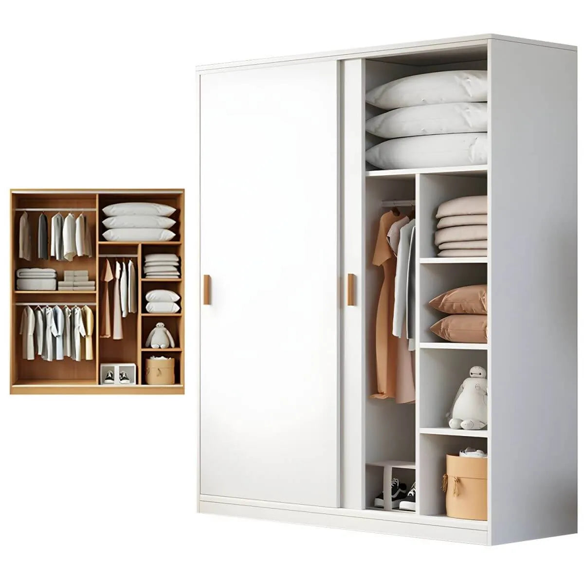 Japandi Sliding Door Wardrobe Armoire with Shelves and Hanging Rail