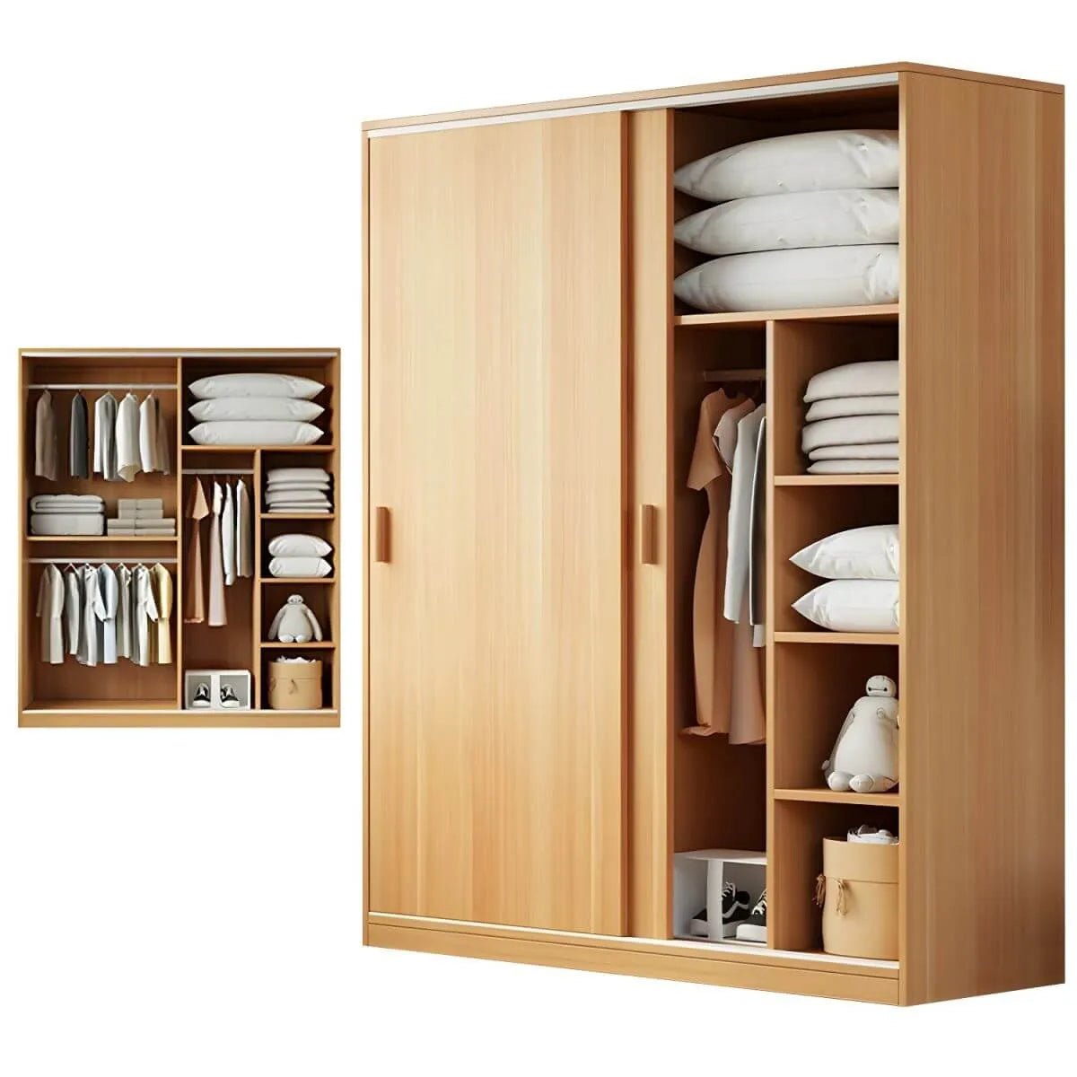 Japandi Sliding Door Wardrobe Armoire with Shelves and Hanging Rail
