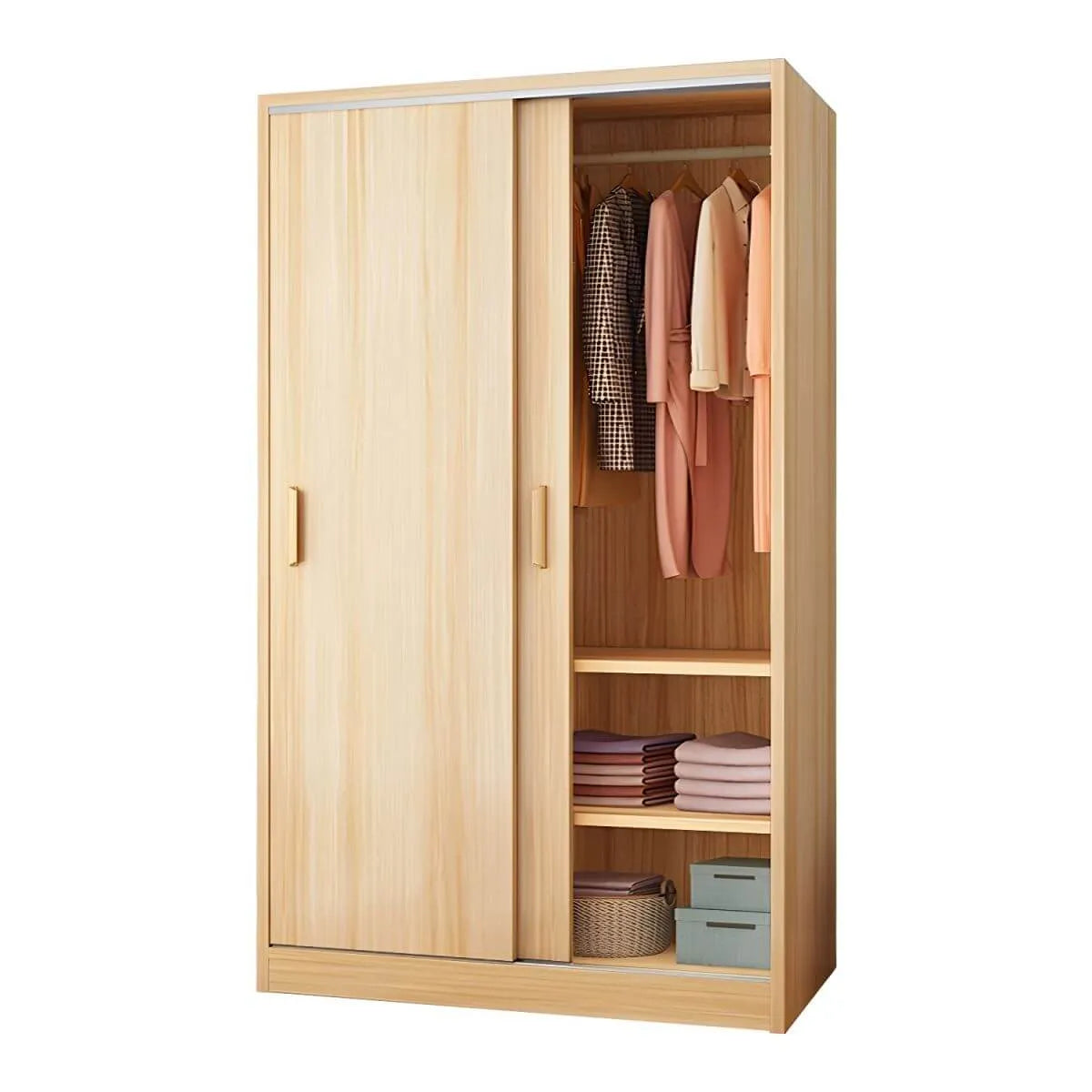 Japandi Sliding Door Wardrobe Armoire with Shelves and Hanging Rail
